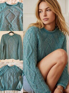 Simons Teal Silk Mohair Cable Knit Sweater Large Cozy luxury knitwear